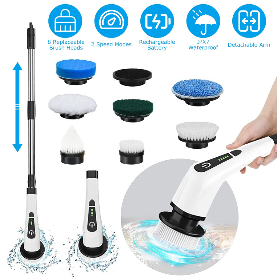 FLUBERR  1Pc Electric Spin Scrubber Cordless Rechargeable Telescopic Cleaning Brush 8 Replaceable Heads 2 Speed Adjustable Extension Arm Bathroom Tub Tile Floor